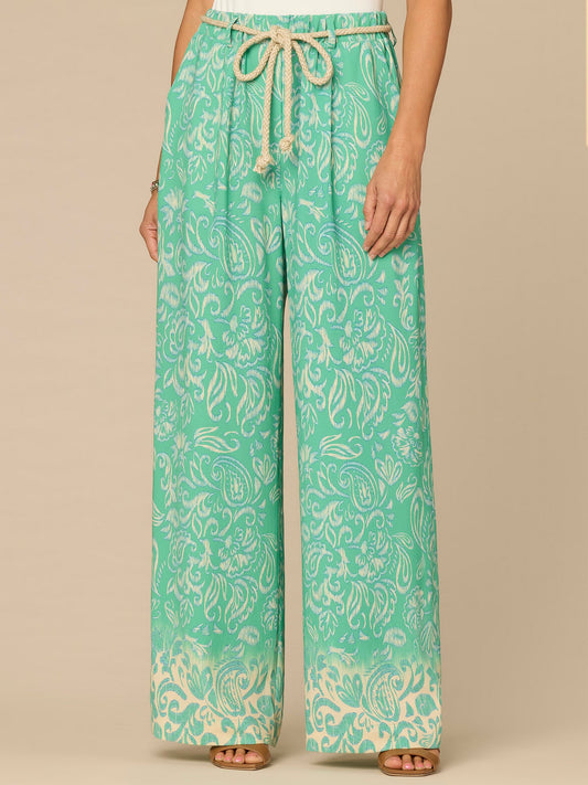 "Ab"leisure Skyrise Rope Belt Spade Pocket Printed Wide Leg Pants - Deep Jade Multi|Deep Shadow Multi