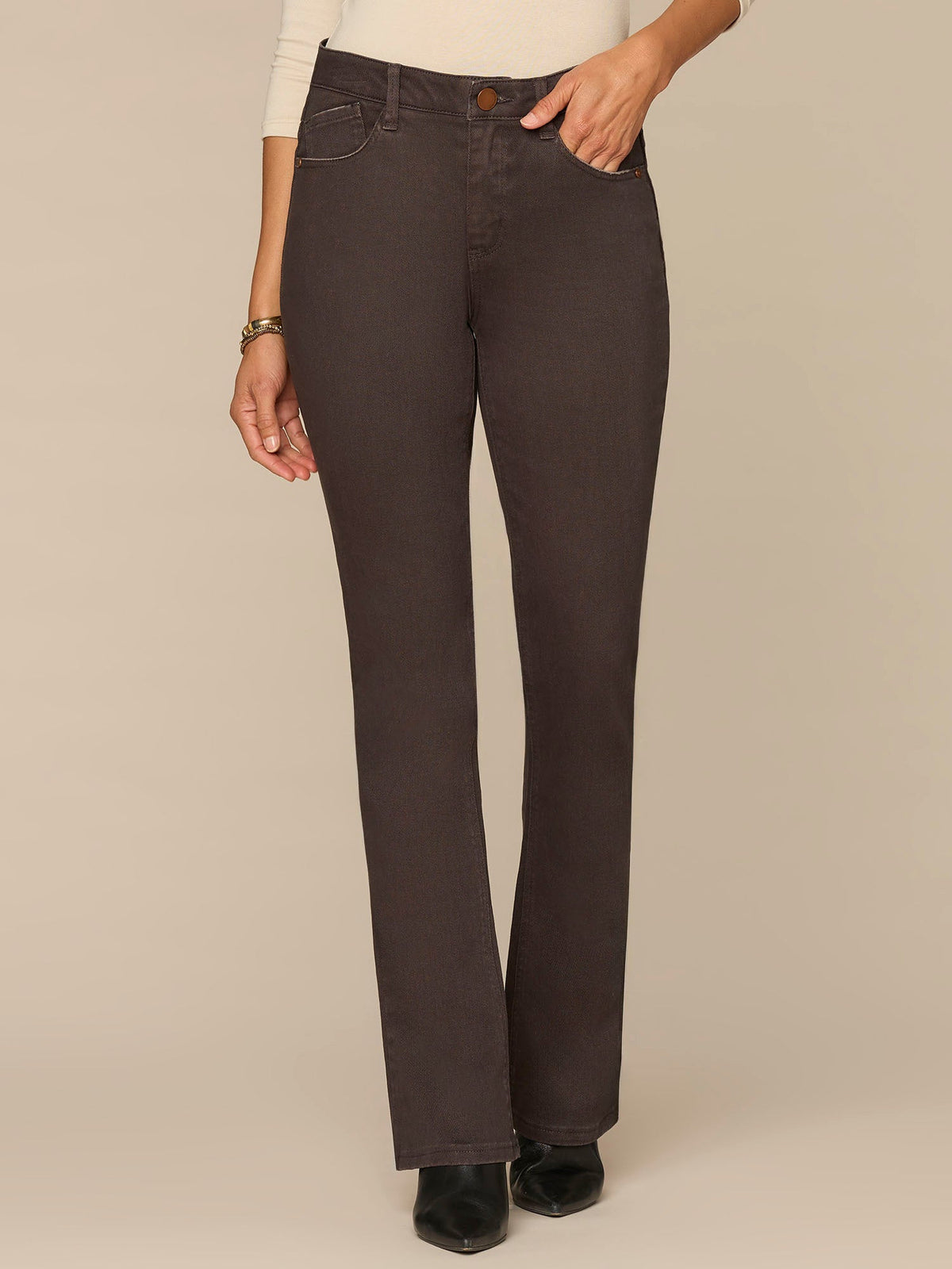 "Ab"solution® High Rise Petite Itty Bitty Boot Pants with Rhinestones - Espresso|Evening Blue