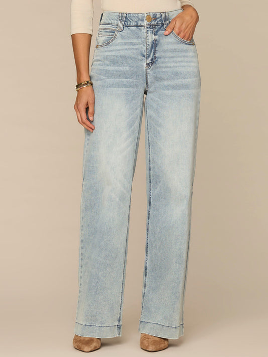 "Ab"solution High Rise Slightly Faded Wide Leg Petite Jeans - Light Blue Denim