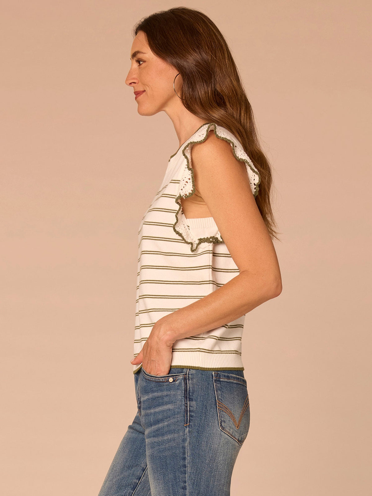 Crochet Ruffle Sleeve Round Neck Striped Sweater Top - Dark Linen Pecan Stripe|Off White Forest Moss Stripe|Off White Citronella Green