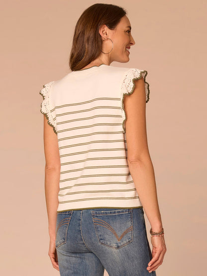 Crochet Ruffle Sleeve Round Neck Striped Sweater Top - Dark Linen Pecan Stripe|Off White Forest Moss Stripe|Off White Citronella Green
