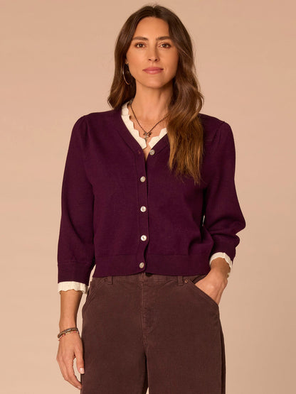 Double Layer Three Quarter Sleeve V-Neck Button Down Sweater Cardigan - Dark Raisin|Charcoal