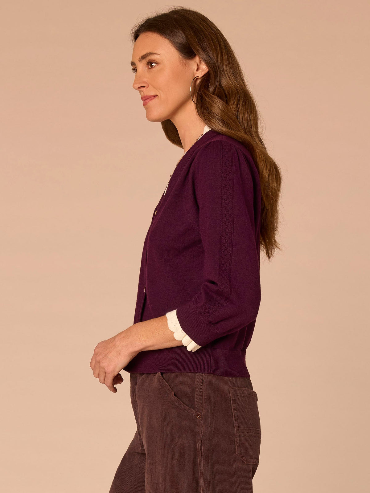 Double Layer Three Quarter Sleeve V-Neck Button Down Sweater Cardigan - Dark Raisin|Charcoal