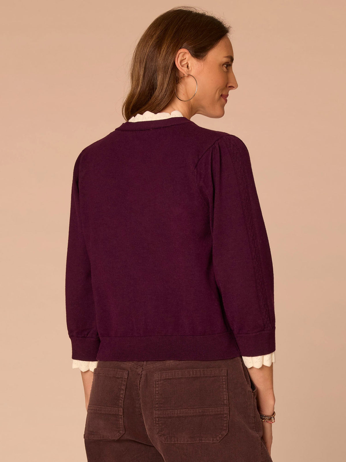 Double Layer Three Quarter Sleeve V-Neck Button Down Sweater Cardigan - Dark Raisin|Charcoal