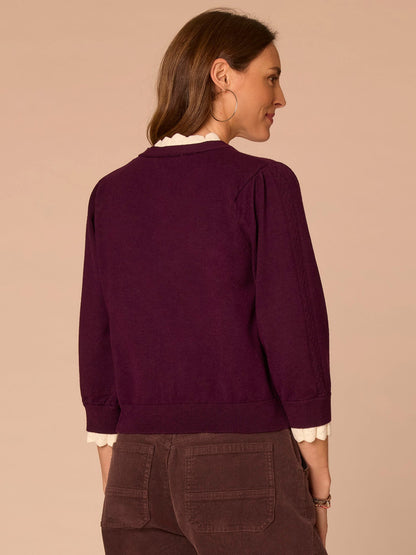 Double Layer Three Quarter Sleeve V-Neck Button Down Sweater Cardigan - Dark Raisin|Charcoal