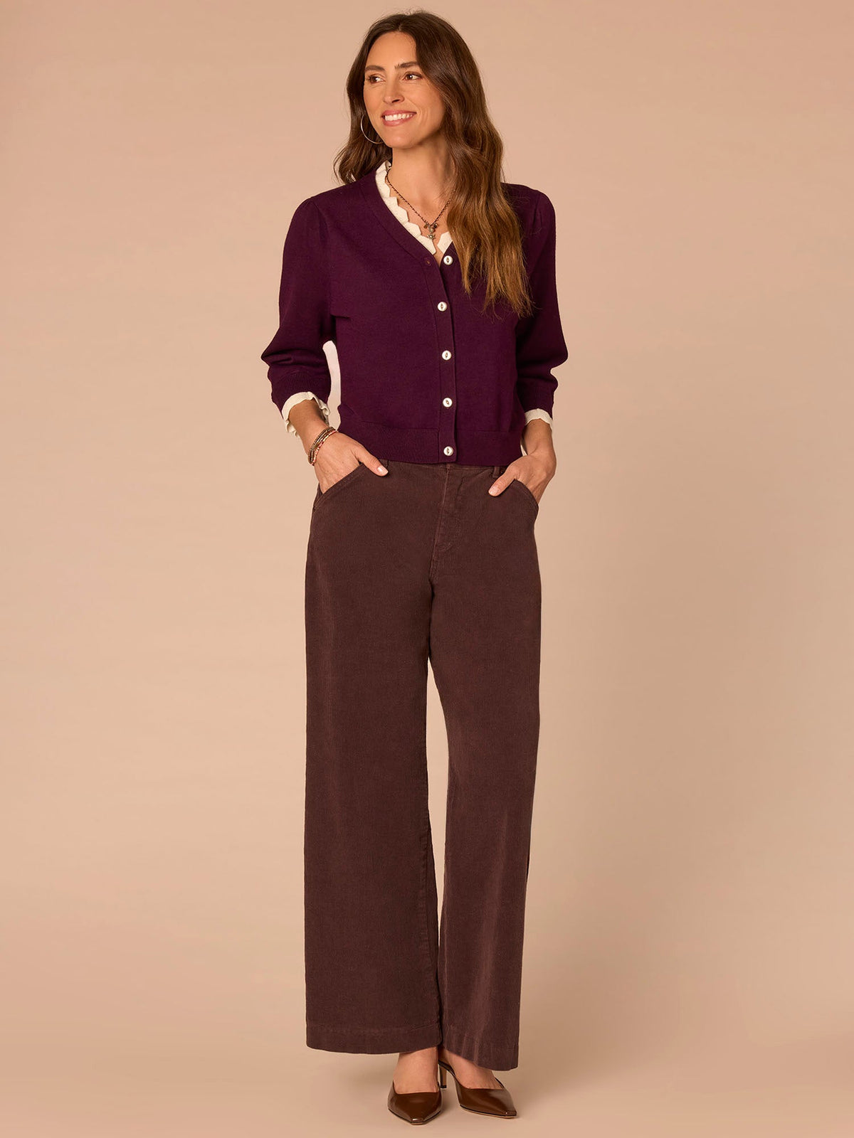 Double Layer Three Quarter Sleeve V-Neck Button Down Sweater Cardigan - Dark Raisin|Charcoal