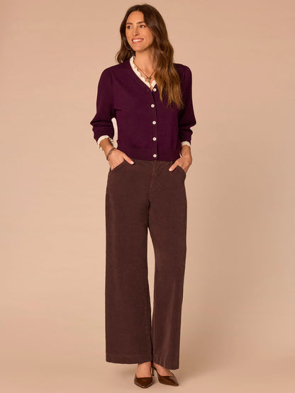 Double Layer Three Quarter Sleeve V-Neck Button Down Sweater Cardigan - Dark Raisin|Charcoal