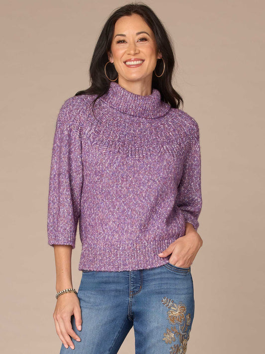 Three Quarter Dolman Sleeve Turtleneck Pointelle Stitch Sweater - Purple Juice Multi