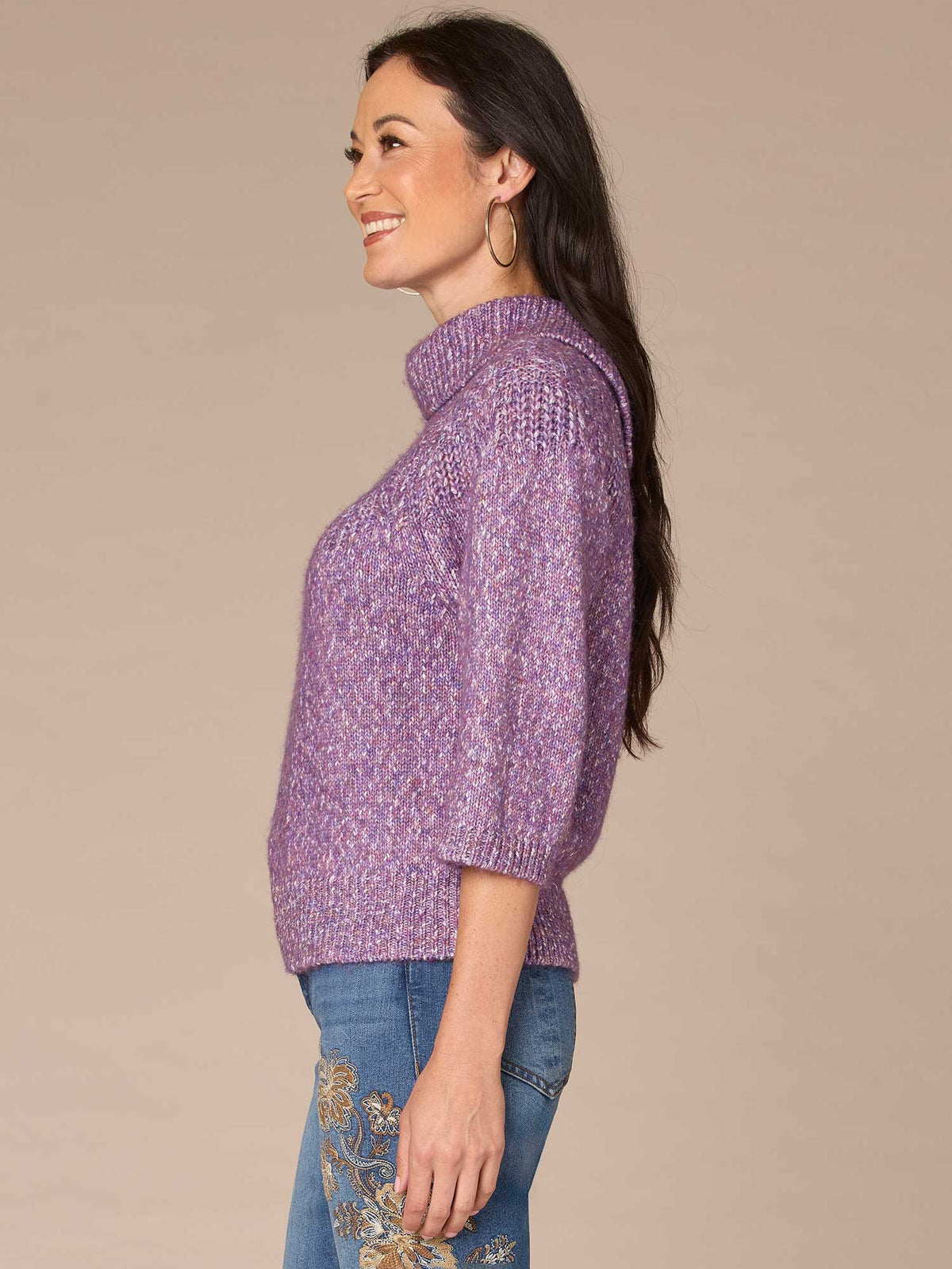 Three Quarter Dolman Sleeve Turtleneck Pointelle Stitch Sweater - Purple Juice Multi