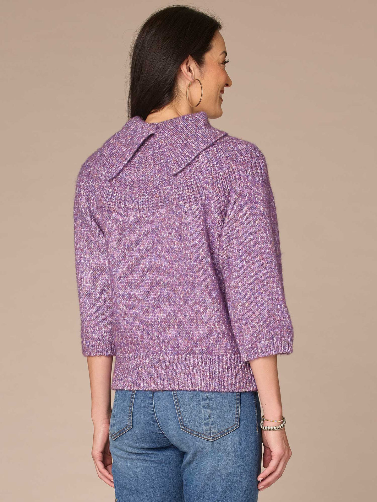 Three Quarter Dolman Sleeve Turtleneck Pointelle Stitch Sweater - Purple Juice Multi