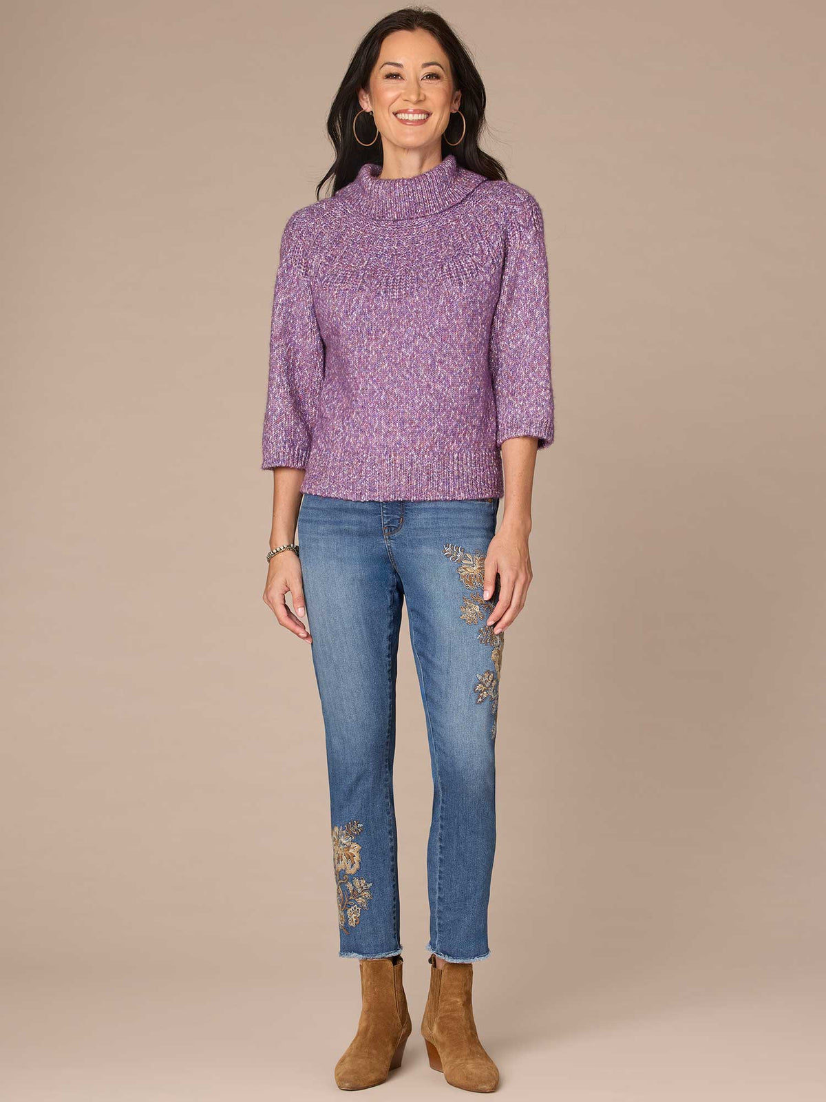 Three Quarter Dolman Sleeve Turtleneck Pointelle Stitch Sweater - Purple Juice Multi