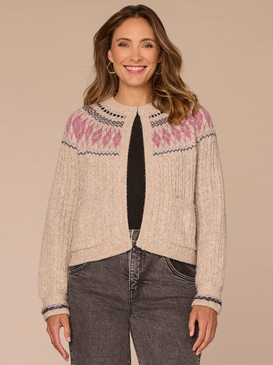Long Cuffed Sleeve Patch Pocket Fair Isle Petite Sweater Cardigan - Heather Oatmeal Multi