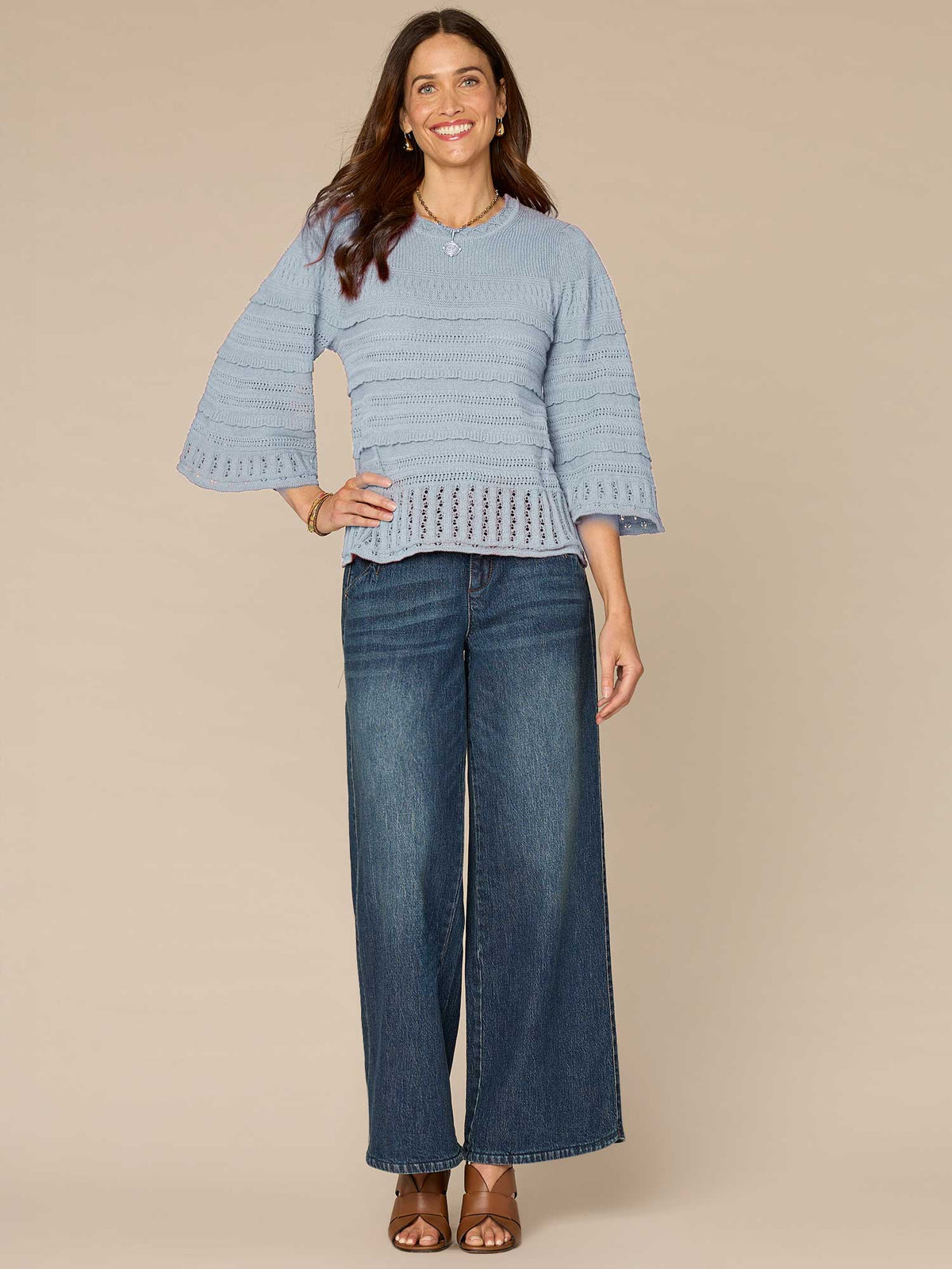 Bell Sleeve Round Neck Scallop Edge Variegated Stitch Mix Sweater - Forest Moss|Light Khaki|Nile Blue
