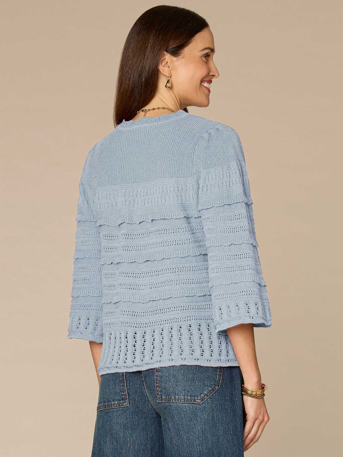Bell Sleeve Round Neck Scallop Edge Variegated Stitch Mix Sweater - Forest Moss|Light Khaki|Nile Blue