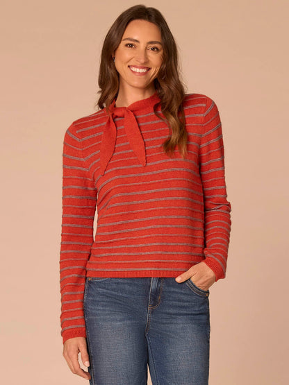 Long Sleeve Round Neck Self Tie Textured Stripe Sweater - Pumpkin Spice Heather Grey Stripe