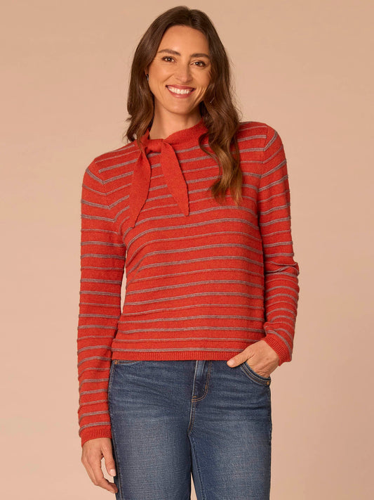 Long Sleeve Round Neck Self Tie Textured Stripe Sweater - Pumpkin Spice Heather Grey Stripe