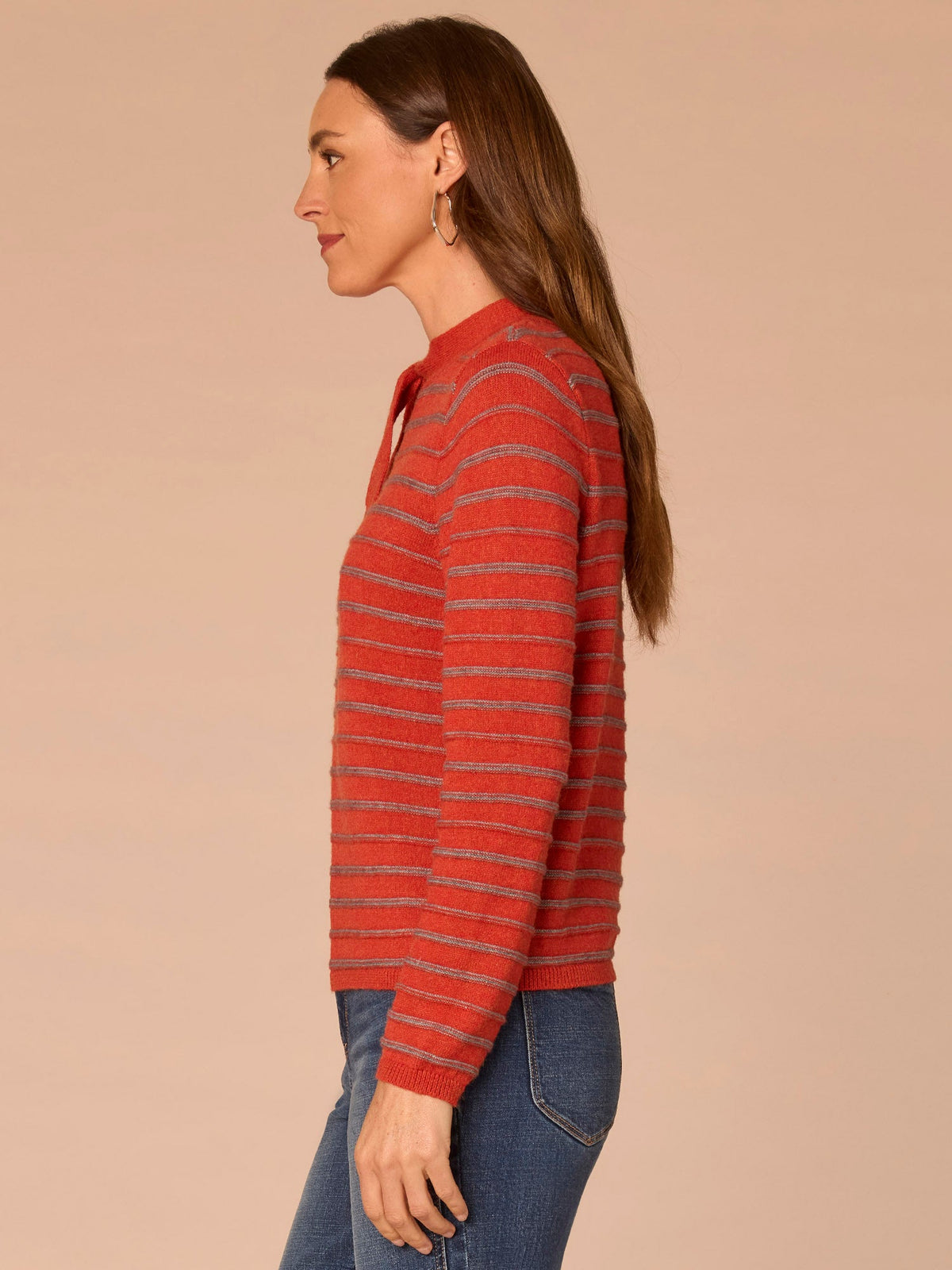 Long Sleeve Round Neck Self Tie Textured Stripe Sweater - Pumpkin Spice Heather Grey Stripe