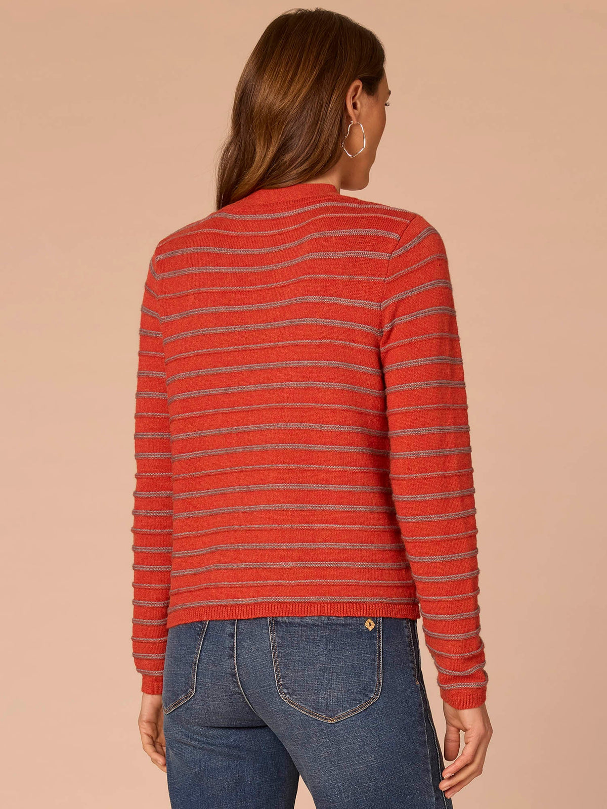 Long Sleeve Round Neck Self Tie Textured Stripe Sweater - Pumpkin Spice Heather Grey Stripe