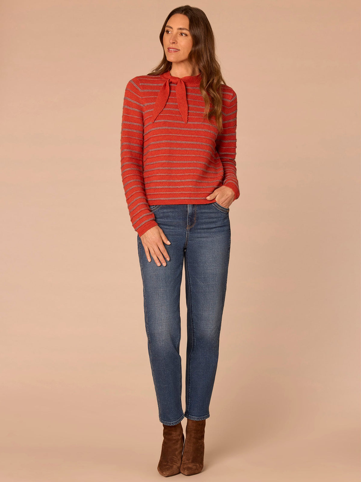 Long Sleeve Round Neck Self Tie Textured Stripe Sweater - Pumpkin Spice Heather Grey Stripe