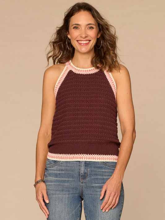 Sleeveless Crochet Round Neck Sweater Tank Top - Cherry Chocolate Off White|Pale Stone Sweet Toffee Multi|Off White Emerald Teal Multi