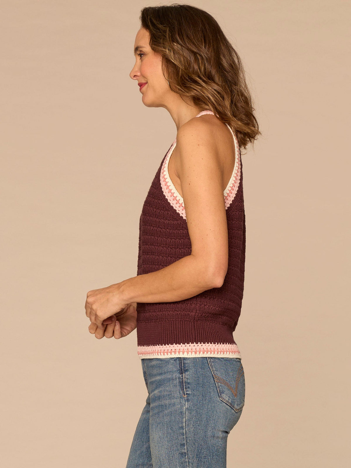 Sleeveless Crochet Round Neck Sweater Tank Top - Cherry Chocolate Off White|Pale Stone Sweet Toffee Multi|Off White Emerald Teal Multi