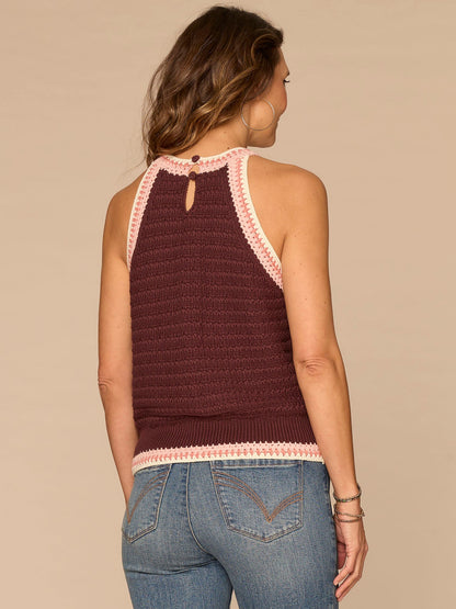 Sleeveless Crochet Round Neck Sweater Tank Top - Cherry Chocolate Off White|Pale Stone Sweet Toffee Multi|Off White Emerald Teal Multi