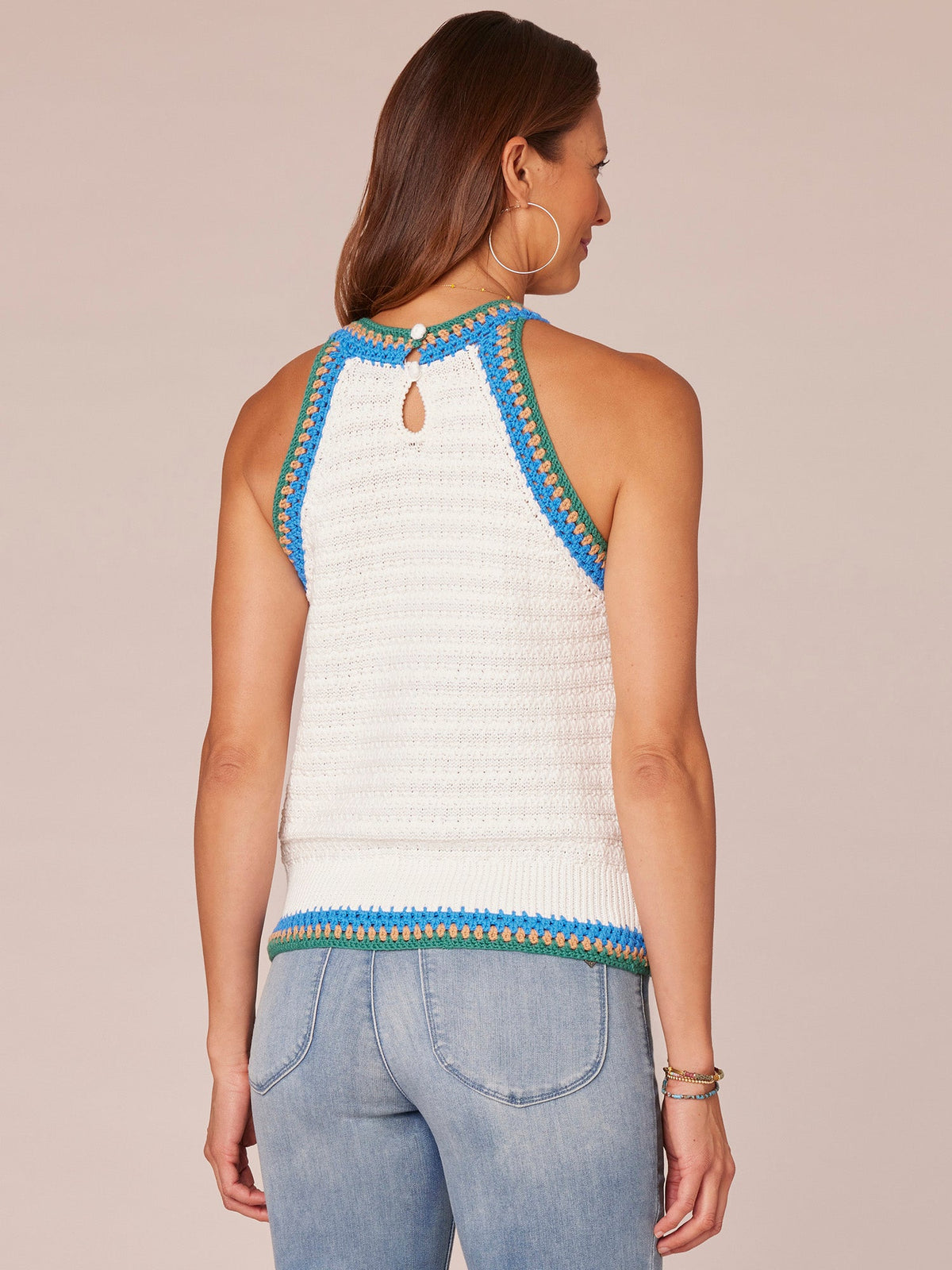 Sleeveless Crochet Round Neck Sweater Tank Top - Cherry Chocolate Off White|Pale Stone Sweet Toffee Multi|Off White Emerald Teal Multi