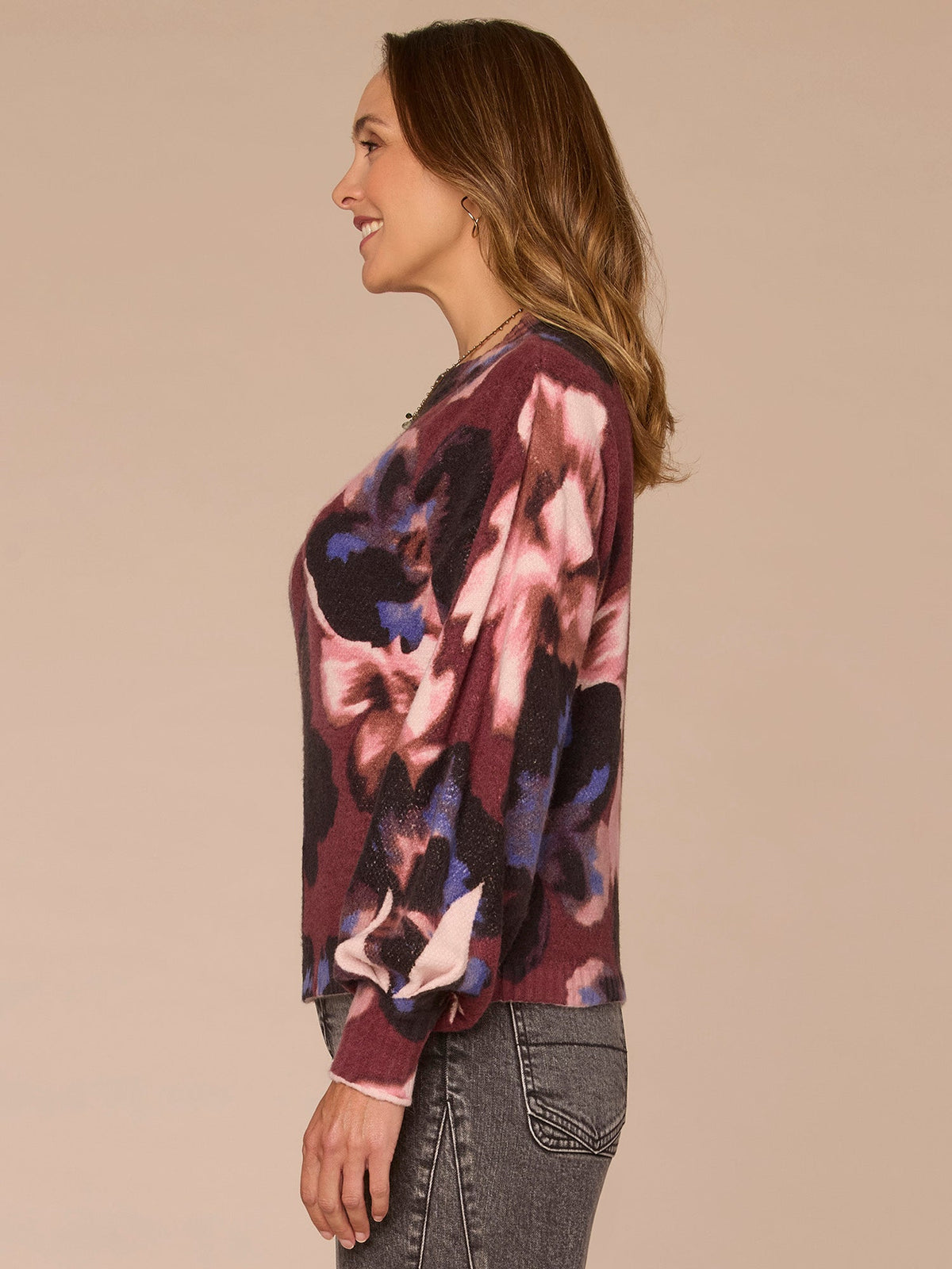 Long Pleated Blouson Sleeve Round Neck Floral Print Petite Sweater - Dark Raisin Multi