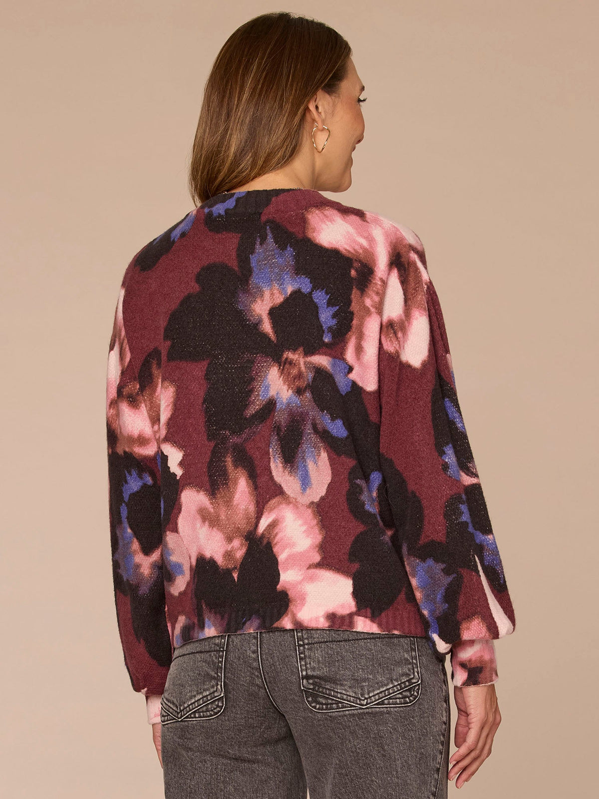 Long Pleated Blouson Sleeve Round Neck Floral Print Petite Sweater - Dark Raisin Multi