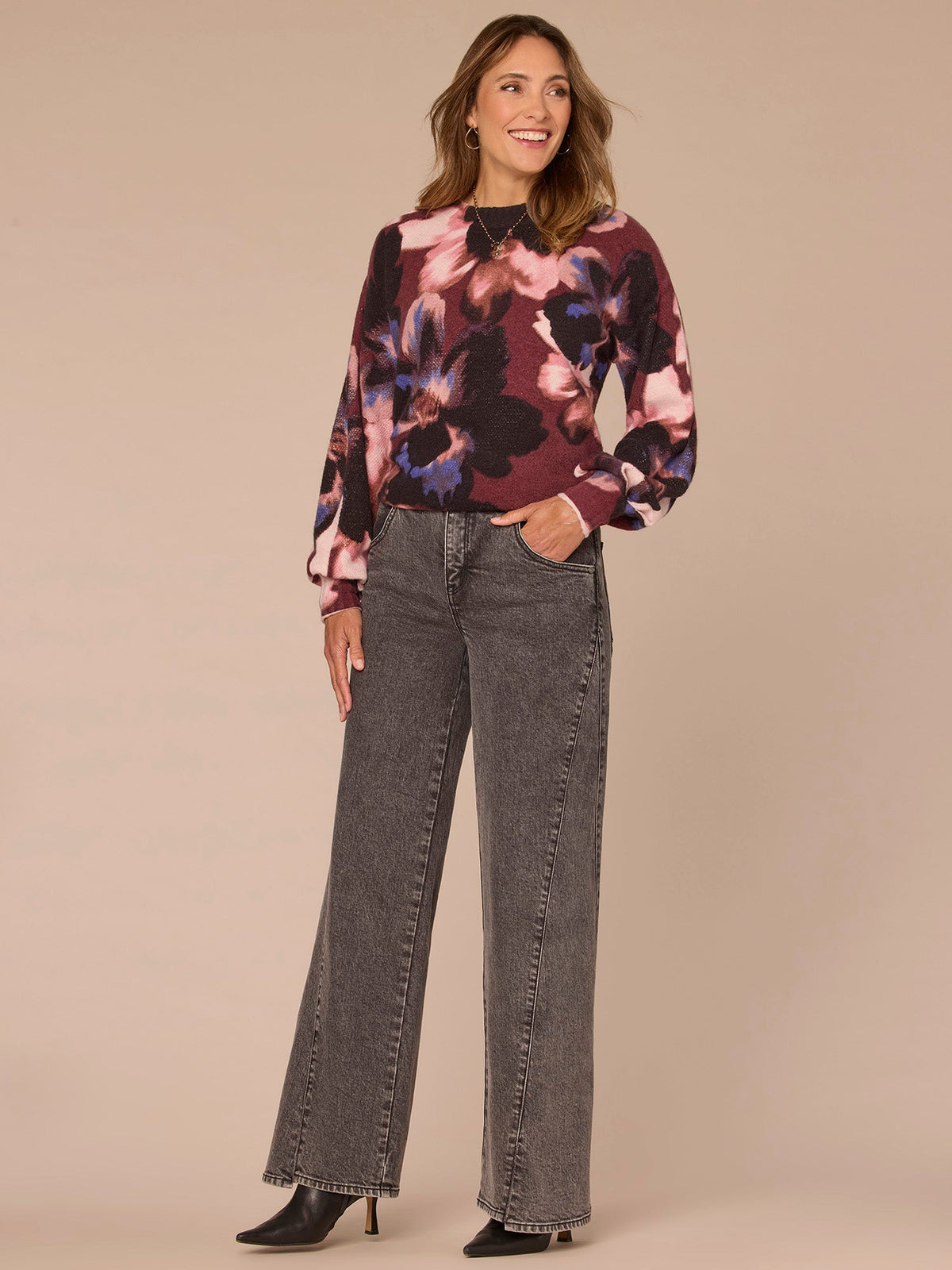Long Pleated Blouson Sleeve Round Neck Floral Print Petite Sweater - Dark Raisin Multi