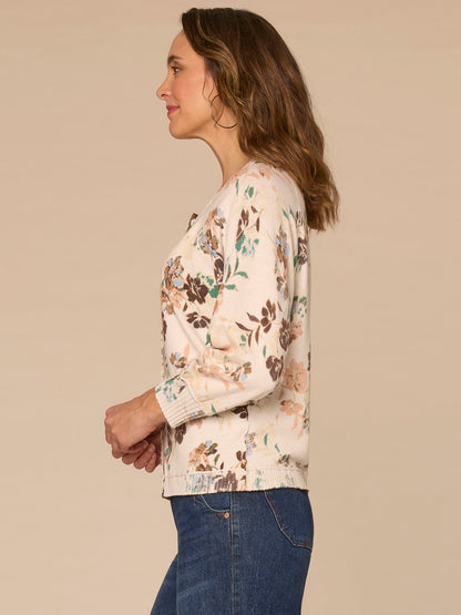 Three Quarter Sleeve Round Neck Reversible Printed Sweater Cardigan - Blush Airy Blue Multi|Pale Stone Sunflower Multi
