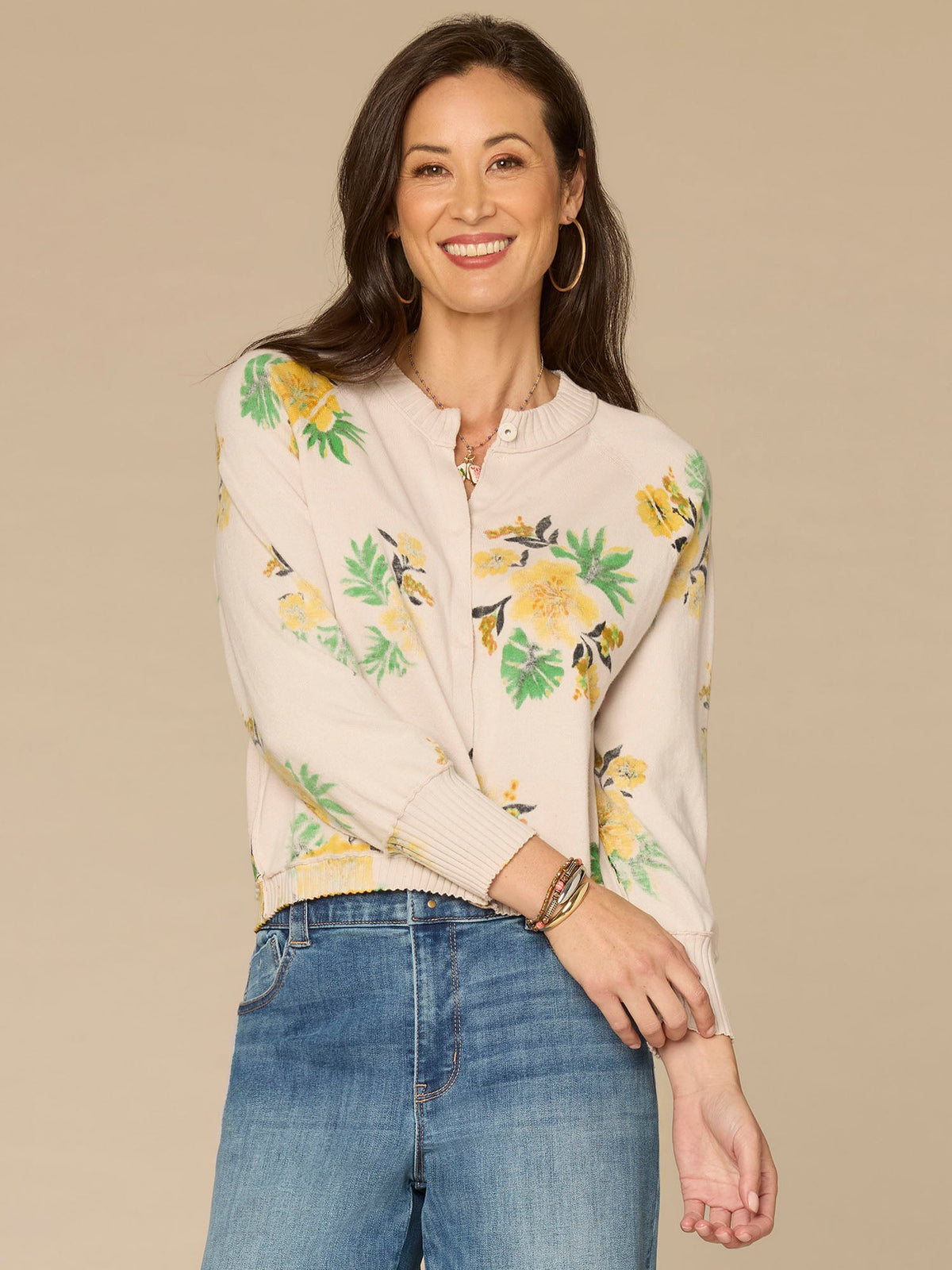 Three Quarter Sleeve Round Neck Reversible Printed Sweater Cardigan - Blush Airy Blue Multi|Pale Stone Sunflower Multi