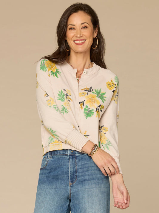 Three Quarter Sleeve Round Neck Reversible Petite Sweater Cardigan - Pale Stone Sunflower Multi