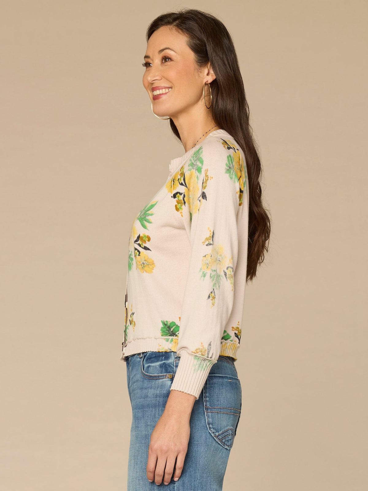 Three Quarter Sleeve Round Neck Reversible Printed Sweater Cardigan - Blush Airy Blue Multi|Pale Stone Sunflower Multi