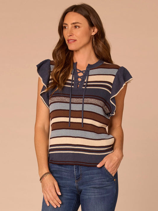 Short Flutter Sleeve Split Neck Lace Up Tie Striped Sweater - Blue Ensign Blue Multi