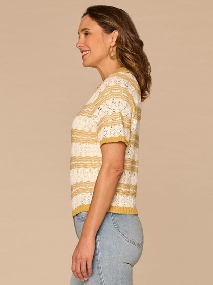 Short Sleeve V-Placket Novelty Stitch Stripe Petite Sweater Polo Top - Tuscan Sun Off White