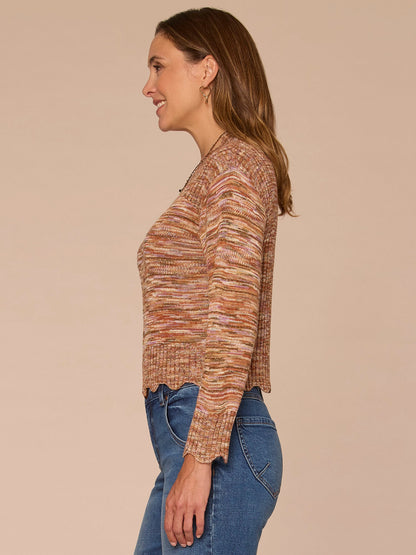 Long Scallop Edge Sleeve Mock Neck Metallic Space Dye Sweater - Raspberry Rose Multi|Biscotti Multi