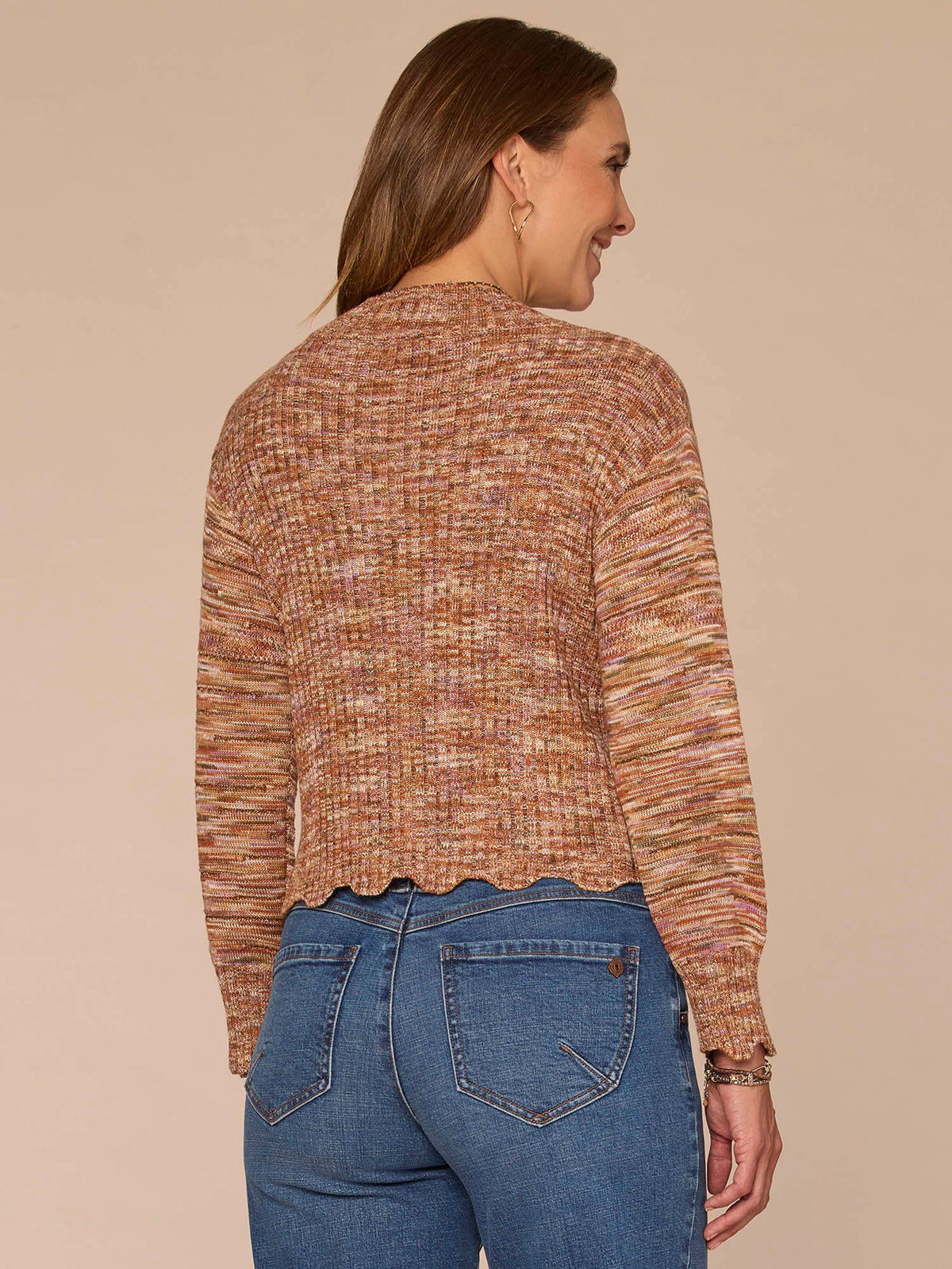Long Scallop Edge Sleeve Mock Neck Metallic Space Dye Sweater - Raspberry Rose Multi|Biscotti Multi