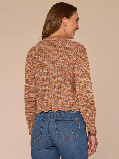 Long Scallop Edge Sleeve Mock Neck Metallic Space Dye Sweater - Raspberry Rose Multi|Biscotti Multi
