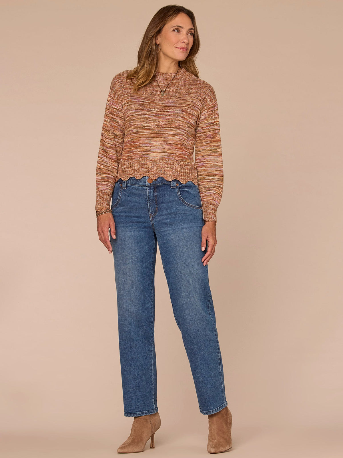 Long Scallop Edge Sleeve Mock Neck Metallic Space Dye Sweater - Raspberry Rose Multi|Biscotti Multi