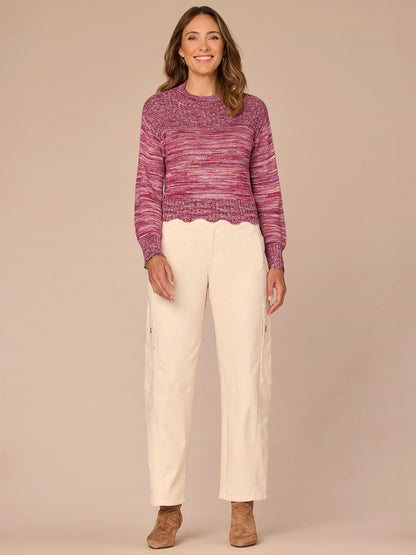 Long Scallop Edge Sleeve Mock Neck Metallic Space Dye Sweater - Raspberry Rose Multi|Biscotti Multi