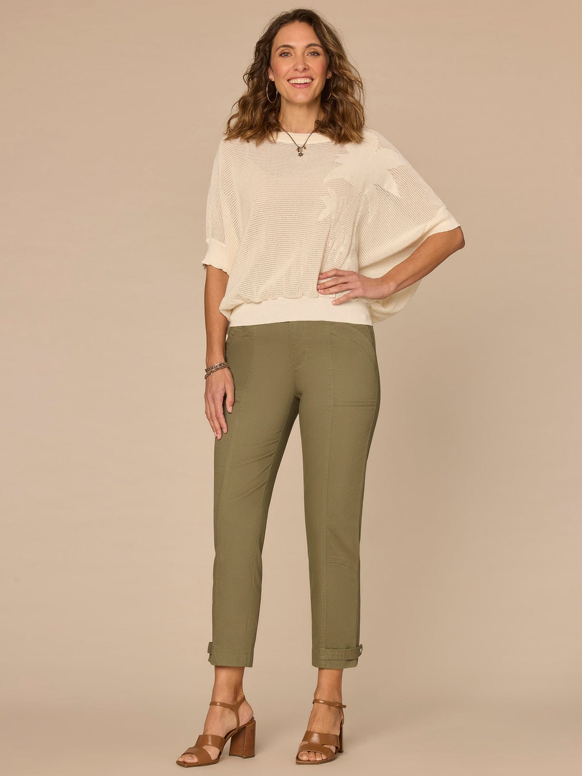 Short Dolman Sleeve Round Neck Palm Tree Embroidered Sweater - Lily Pad|Ecru