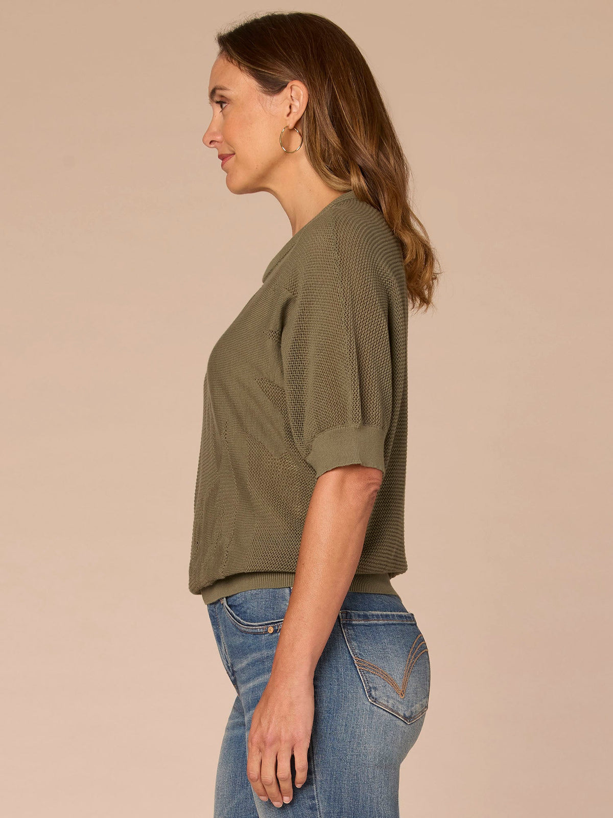 Short Dolman Sleeve Round Neck Palm Tree Embroidered Sweater - Lily Pad|Ecru