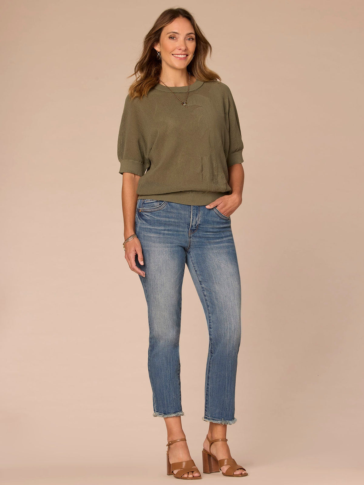 Short Dolman Sleeve Round Neck Palm Tree Embroidered Sweater - Lily Pad|Ecru