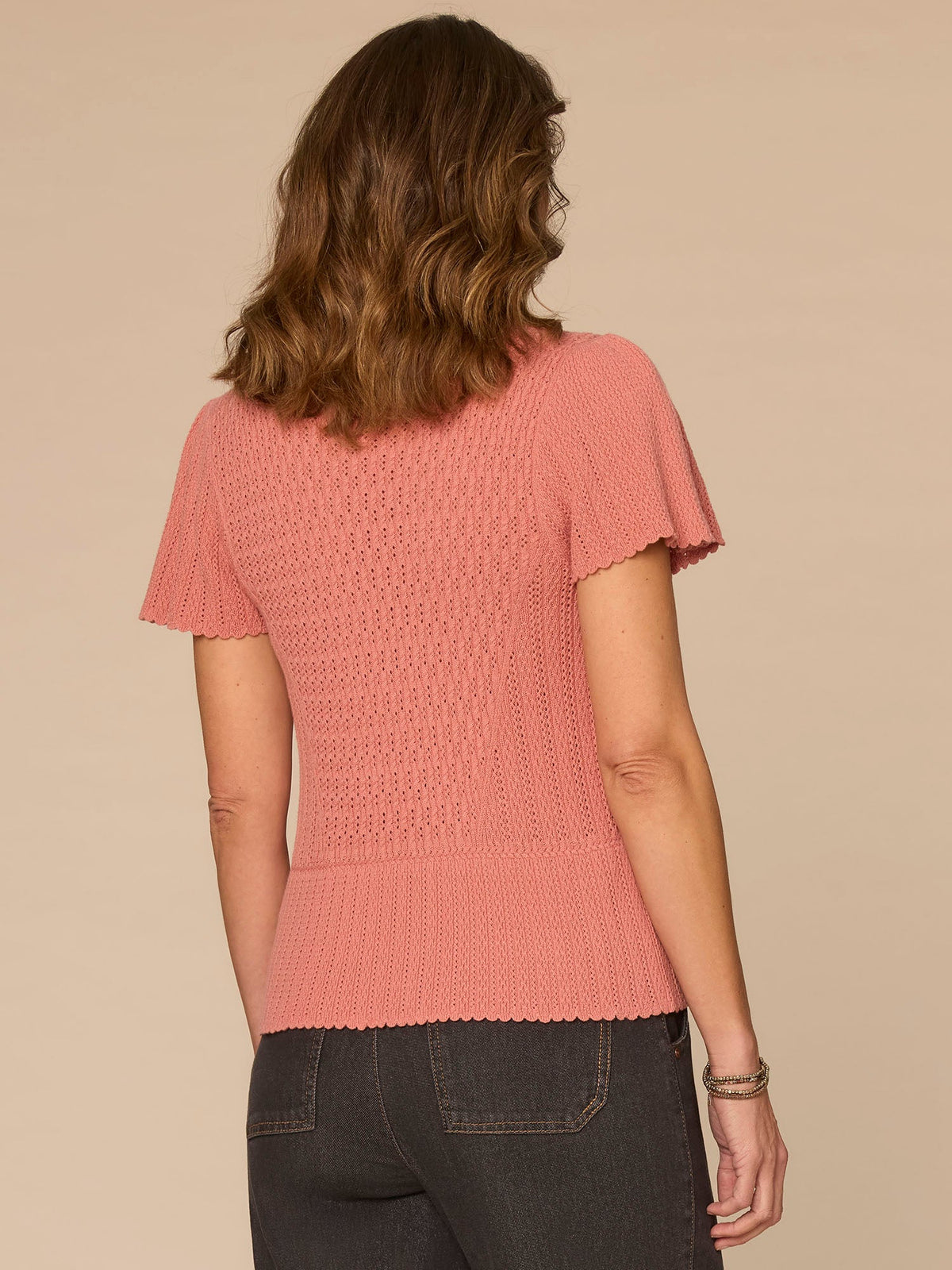 Short Flounce Sleeve Round Neck Peplum Hem Crochet Petite Sweater - Dusty Papaya|Horizon Blue|Oyster Mushroom