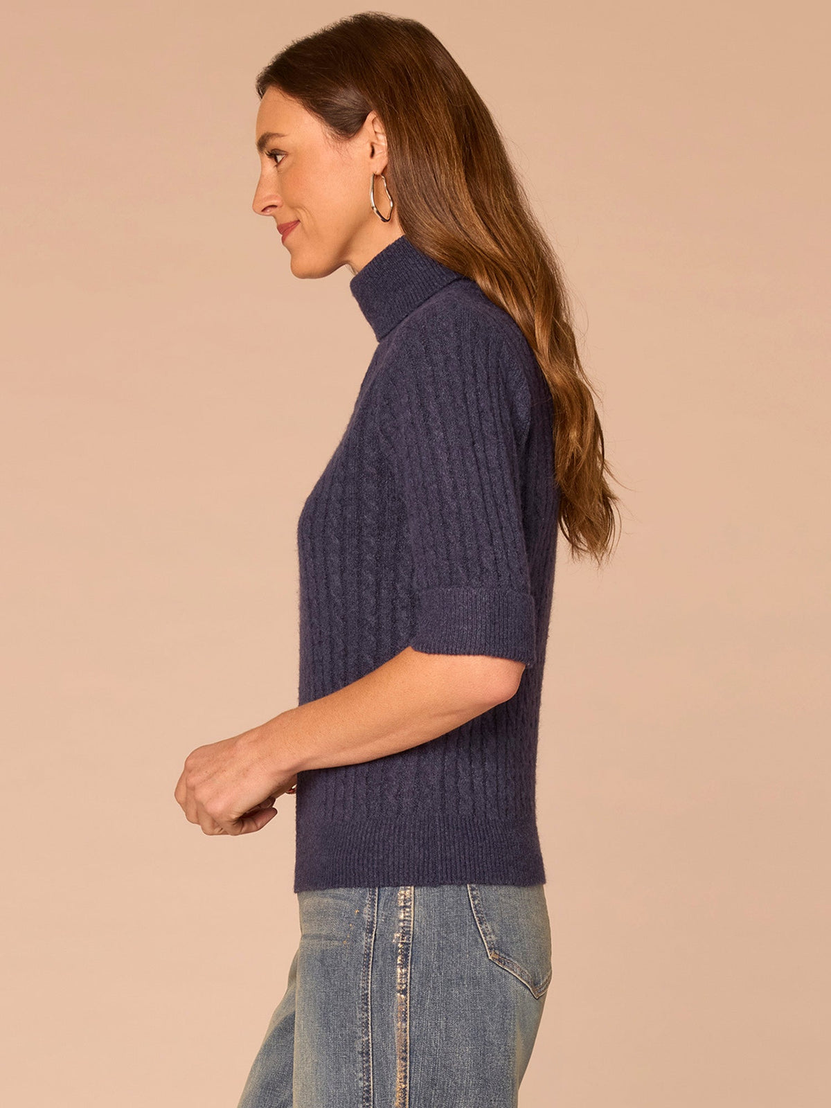 Cuffed Elbow Sleeve Turtle Neck Cable Stitch Mix Petite Sweater - Silver Violet|Midnight Sapphire|Chestnut