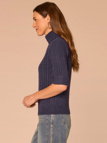 Cuffed Elbow Sleeve Turtle Neck Cable Stitch Mix Petite Sweater - Silver Violet|Midnight Sapphire|Chestnut
