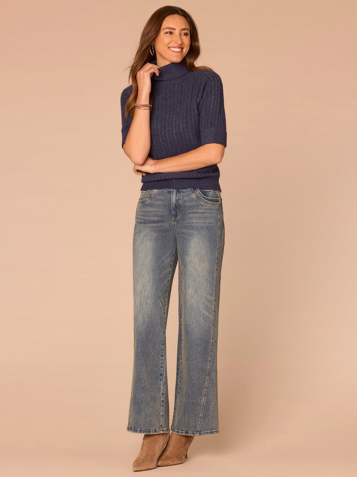 Cuffed Elbow Sleeve Turtle Neck Cable Stitch Mix Petite Sweater - Silver Violet|Midnight Sapphire|Chestnut