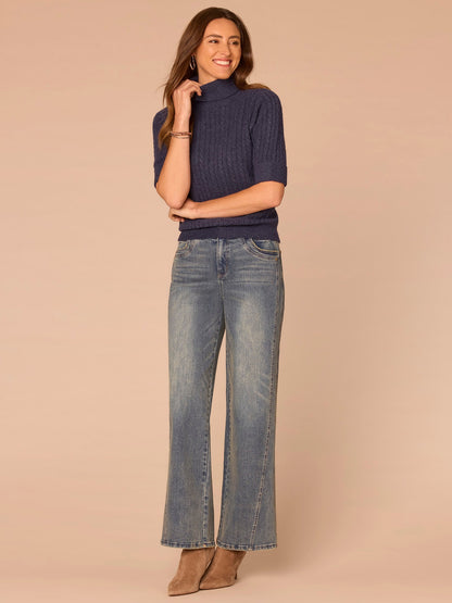 Cuffed Elbow Sleeve Turtle Neck Cable Stitch Mix Petite Sweater - Silver Violet|Midnight Sapphire|Chestnut