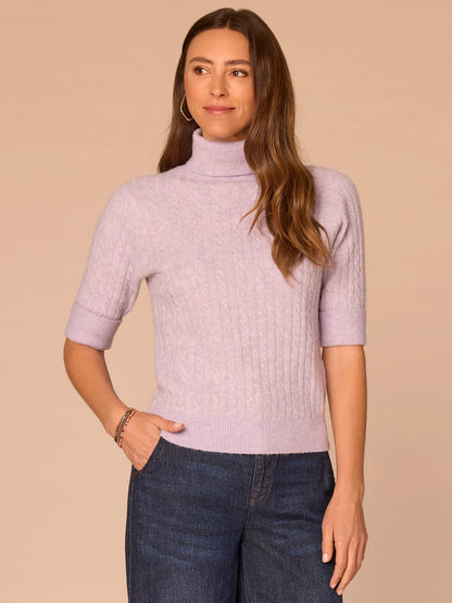 Cuffed Elbow Sleeve Turtle Neck Cable Stitch Mix Petite Sweater - Silver Violet|Midnight Sapphire|Chestnut